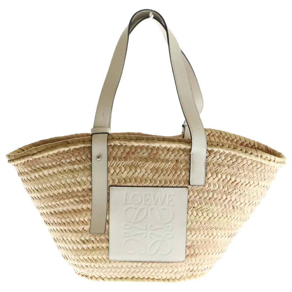 LOEWE Basket Bag Anagram Logo Straw Tan Raffia Leather Hand Tote White Beige